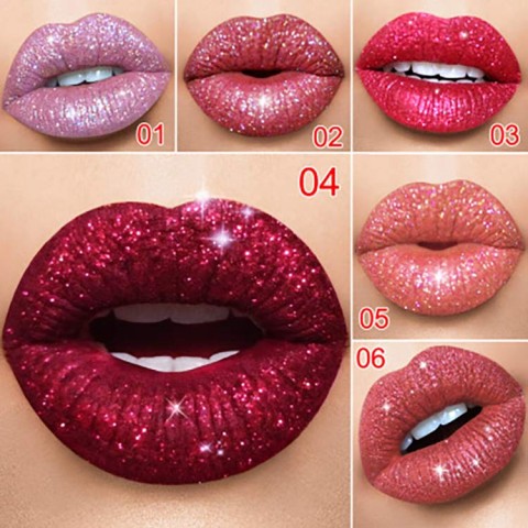 6-Color Metallic Glitter Lip Gloss. Waterproof Non-stick Cup